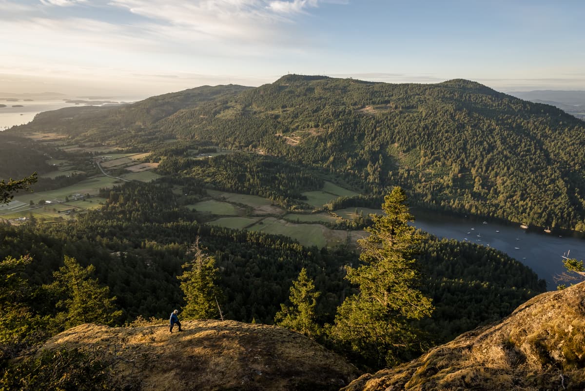 View over Salt Spring Island farmland and coastline from a hilltop